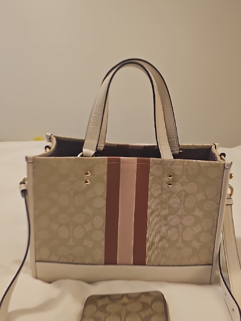 Coach Beige Signature Tote with Pink Stripe and Cream Trim - Picture 7 of 13